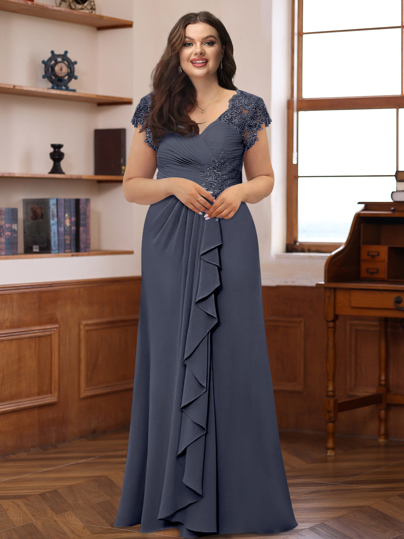 A-Line/Princess V-Neck Short Sleeves Pleated Plus Size Mother of the Bride & Groom Dresses with Ruffles & Appliques - 画像 (46)