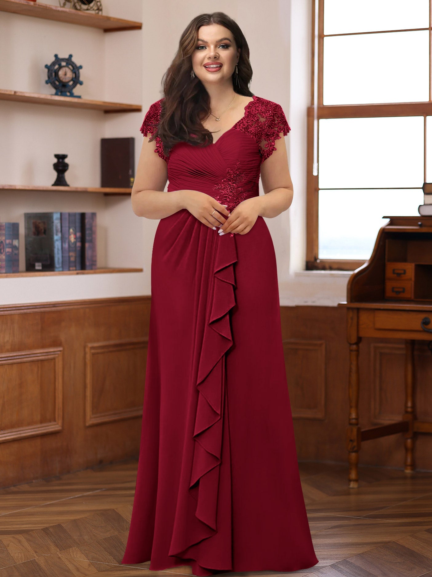 A-Line/Princess V-Neck Short Sleeves Pleated Plus Size Mother of the Bride & Groom Dresses with Ruffles & Appliques - 画像 (51)