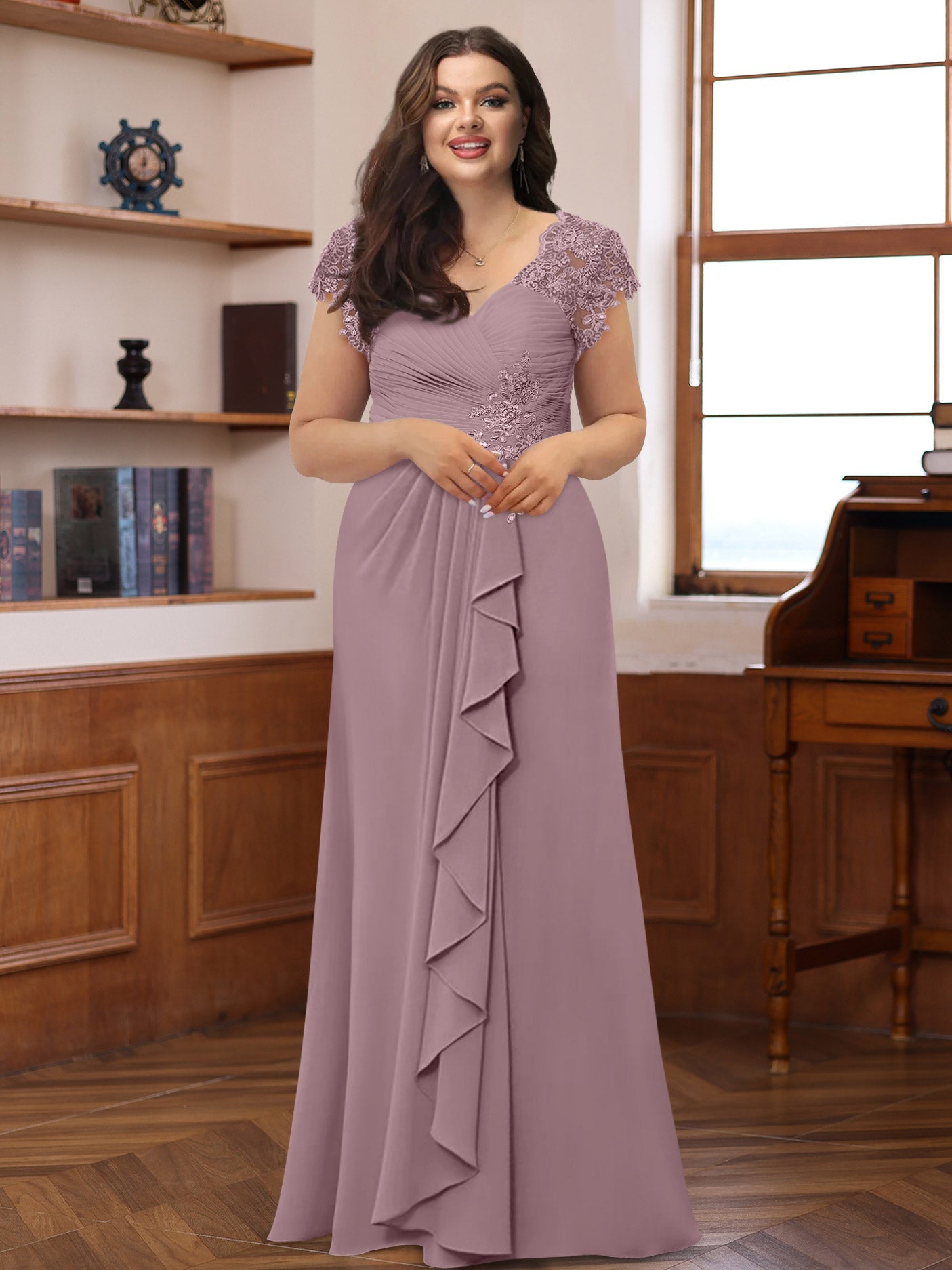 A-Line/Princess V-Neck Short Sleeves Pleated Plus Size Mother of the Bride & Groom Dresses with Ruffles & Appliques - 画像 (52)