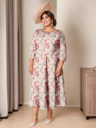 A-Line/Princess Scoop 3/4 Length Sleeves Ankle-Length Printed Floral Elegant Plus Size Mother of the Bride Dresses