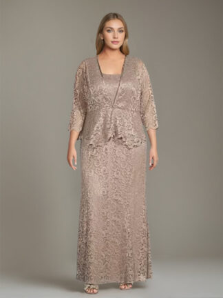 Sheath/Column Square Neck 3/4 Length Sleeves Floor-Length 2 Pieces Plus Size Mother of the Bride Dresses with Jacket