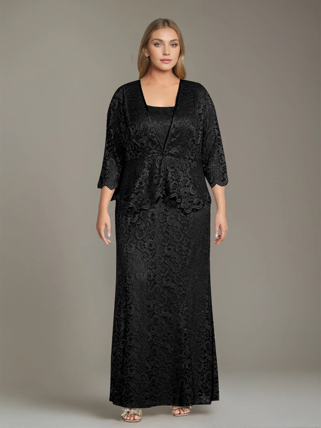 Sheath/Column Square Neck 3/4 Length Sleeves Floor-Length 2 Pieces Plus Size Mother of the Bride Dresses with Jacket - 이미지 6