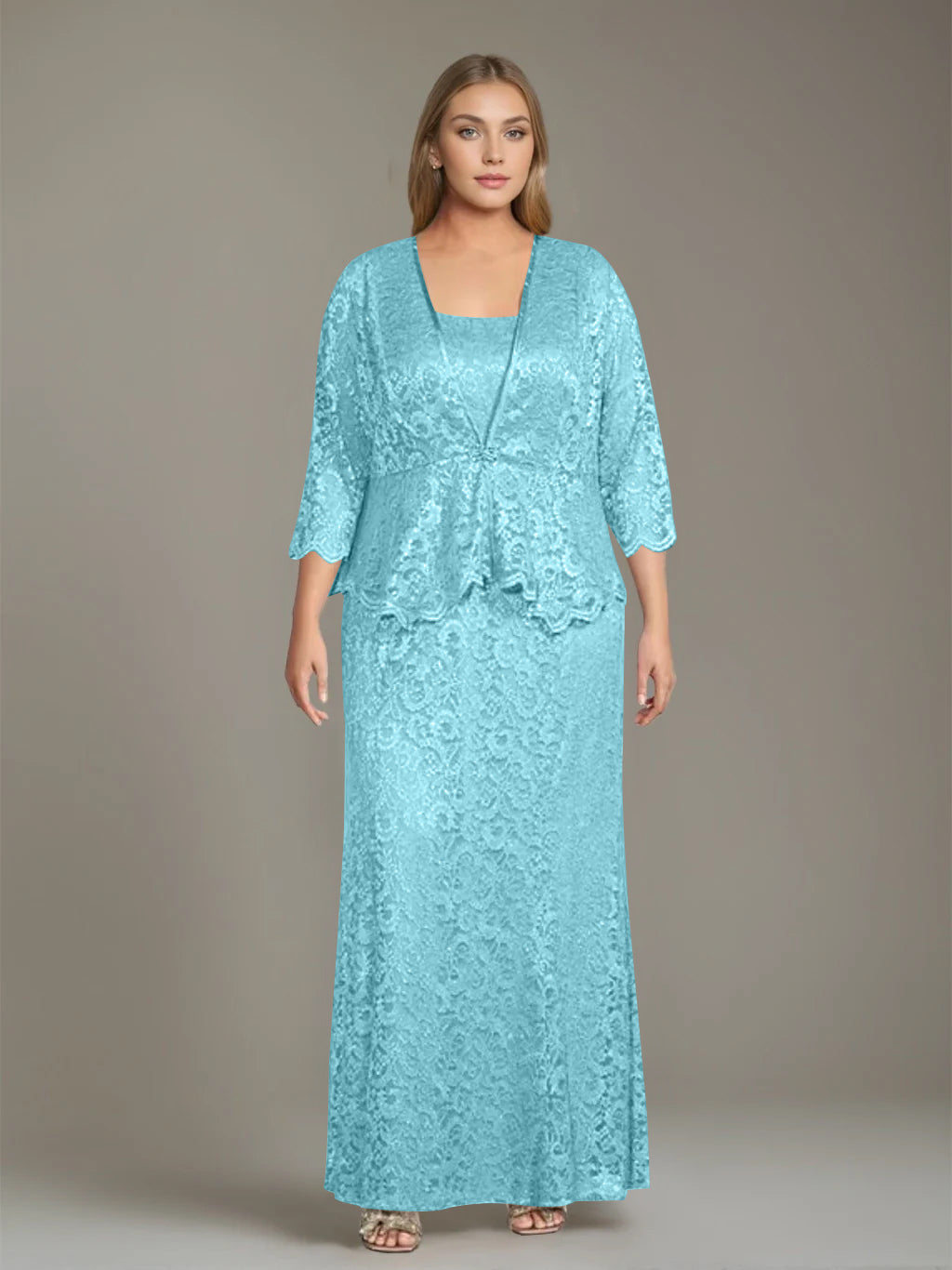 Sheath/Column Square Neck 3/4 Length Sleeves Floor-Length 2 Pieces Plus Size Mother of the Bride Dresses with Jacket - 이미지 27