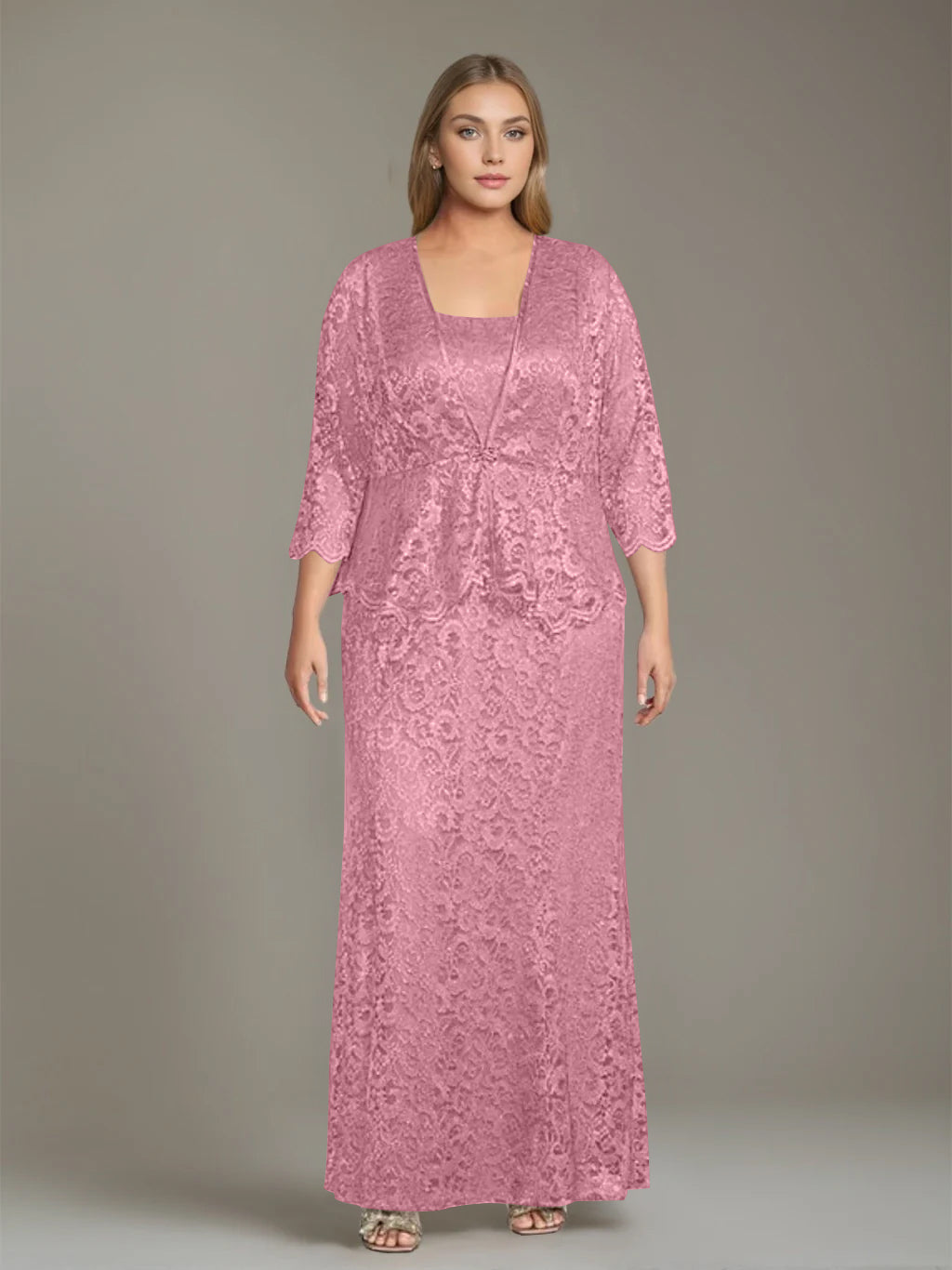 Sheath/Column Square Neck 3/4 Length Sleeves Floor-Length 2 Pieces Plus Size Mother of the Bride Dresses with Jacket - 이미지 30