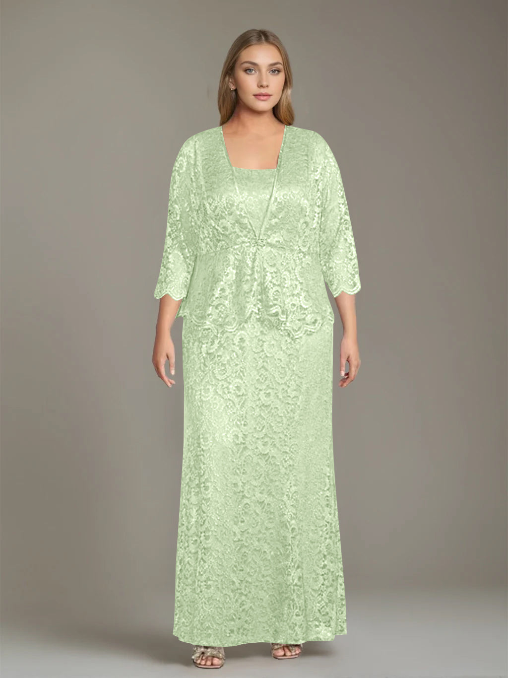 Sheath/Column Square Neck 3/4 Length Sleeves Floor-Length 2 Pieces Plus Size Mother of the Bride Dresses with Jacket - 이미지 31