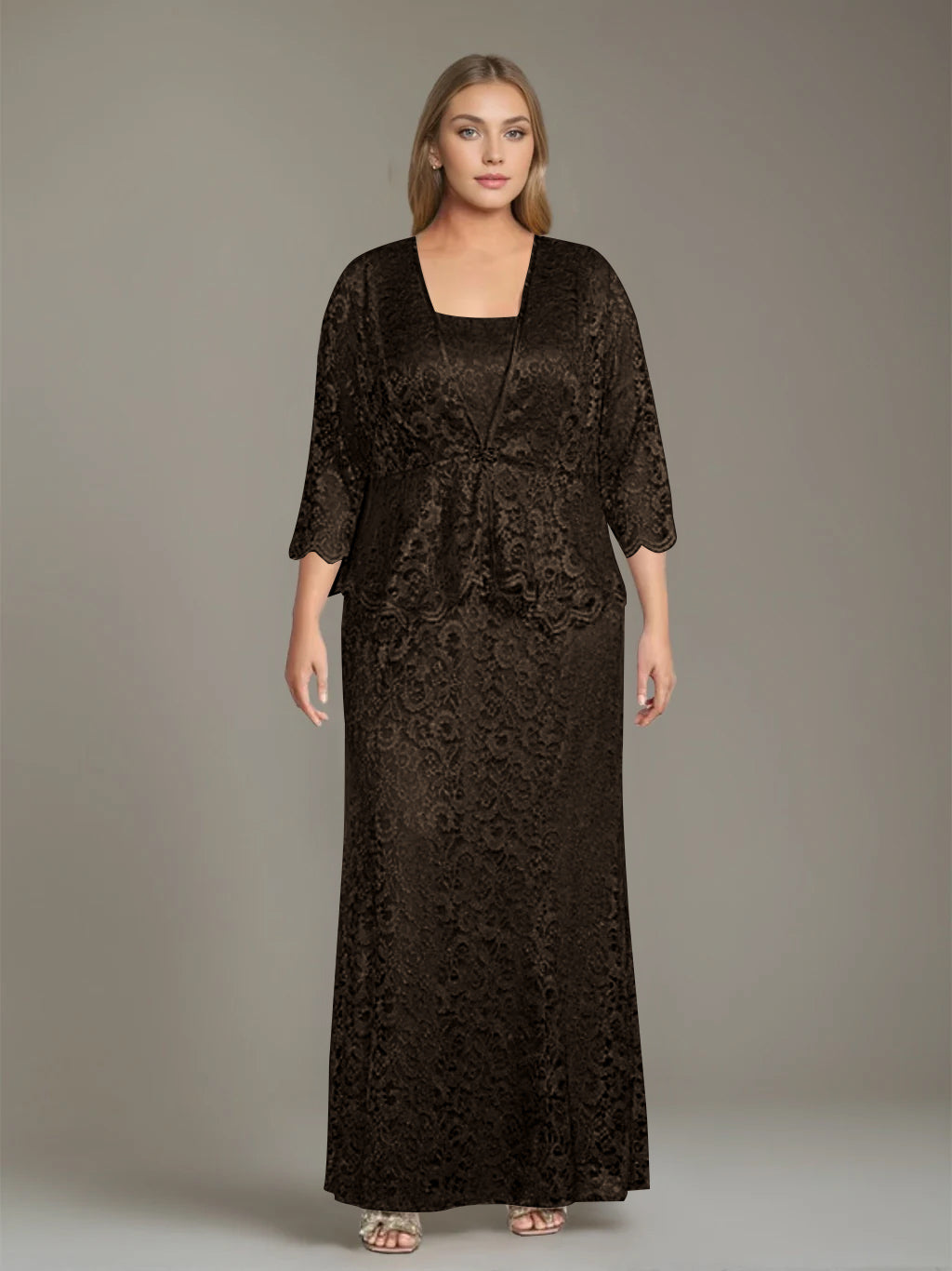 Sheath/Column Square Neck 3/4 Length Sleeves Floor-Length 2 Pieces Plus Size Mother of the Bride Dresses with Jacket - 이미지 32