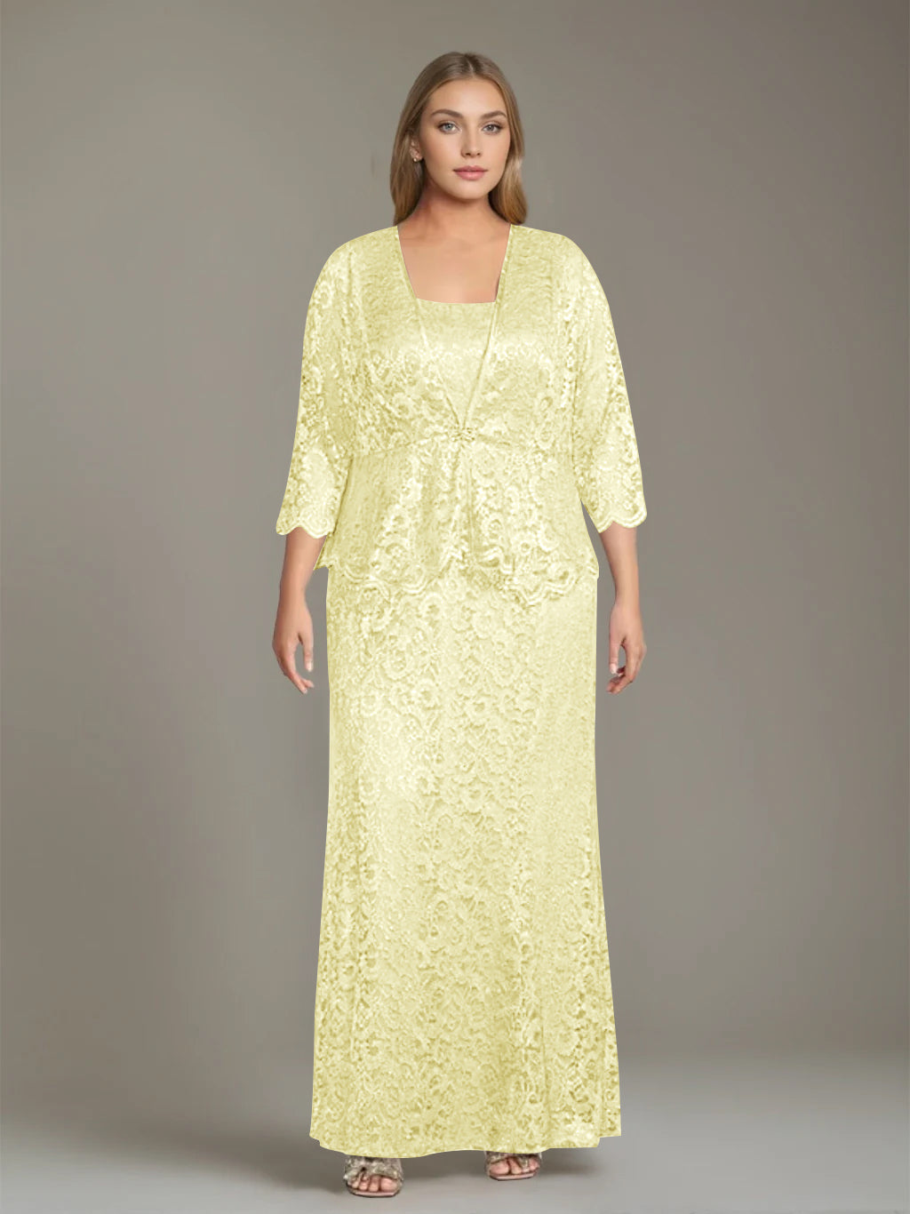 Sheath/Column Square Neck 3/4 Length Sleeves Floor-Length 2 Pieces Plus Size Mother of the Bride Dresses with Jacket - 이미지 34