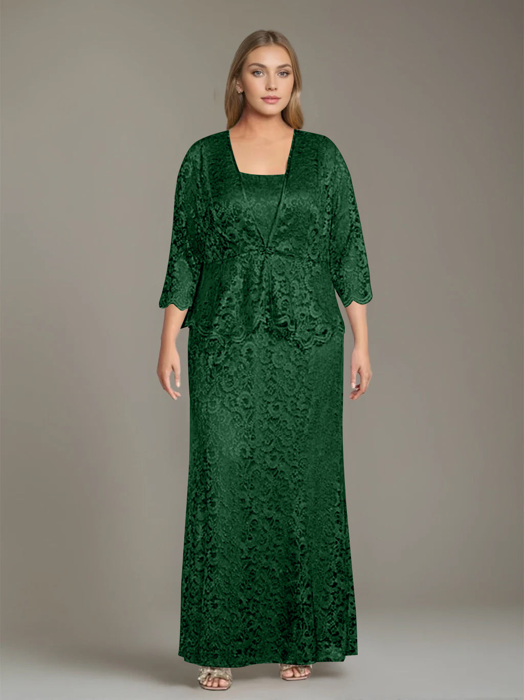 Sheath/Column Square Neck 3/4 Length Sleeves Floor-Length 2 Pieces Plus Size Mother of the Bride Dresses with Jacket - 이미지 35