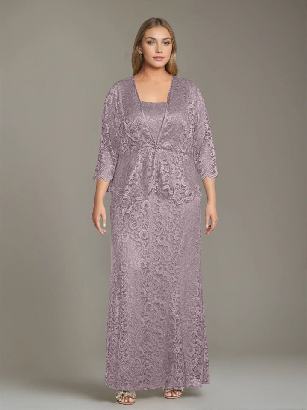 Sheath/Column Square Neck 3/4 Length Sleeves Floor-Length 2 Pieces Plus Size Mother of the Bride Dresses with Jacket - 이미지 9