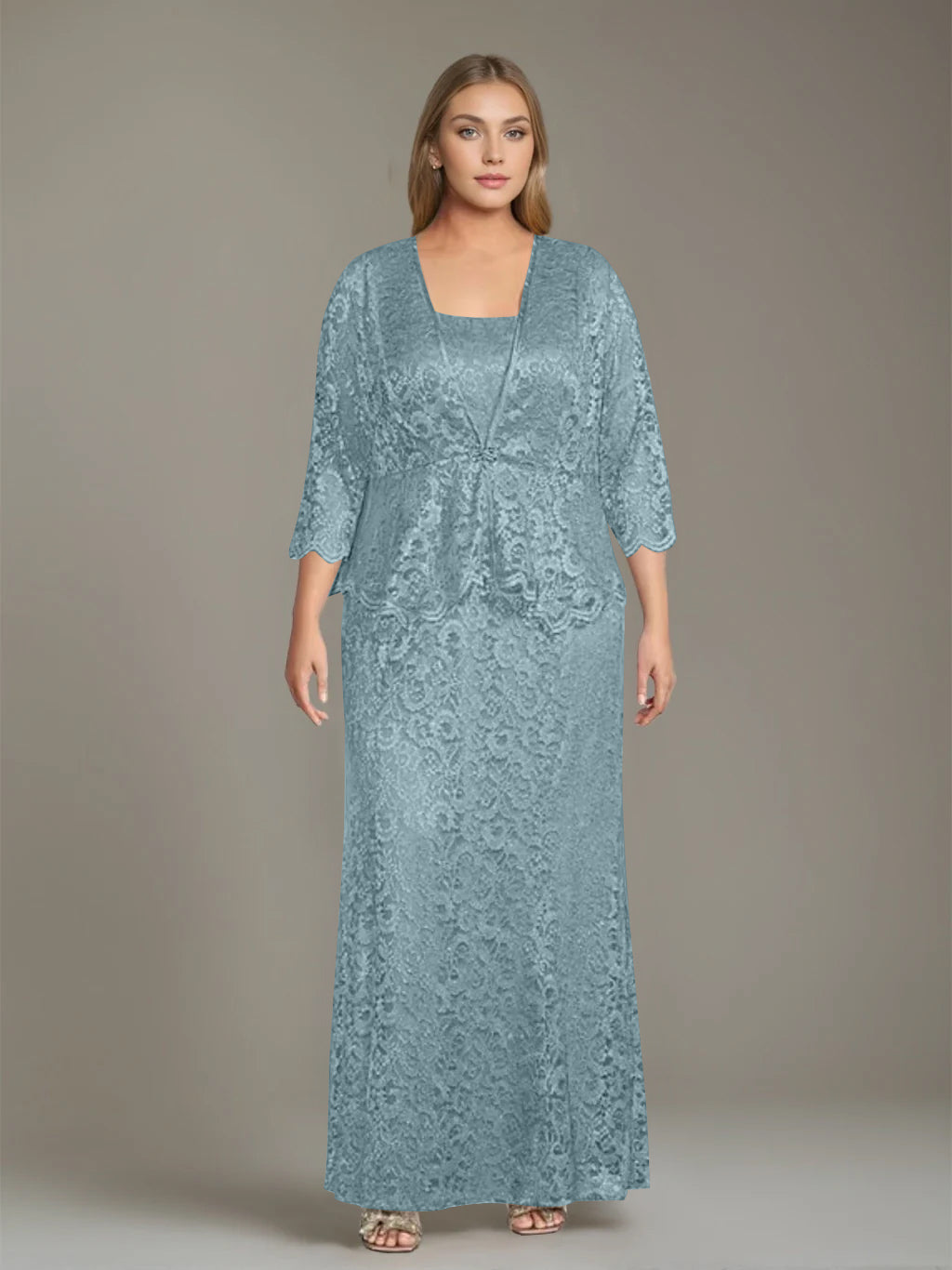Sheath/Column Square Neck 3/4 Length Sleeves Floor-Length 2 Pieces Plus Size Mother of the Bride Dresses with Jacket - 이미지 10