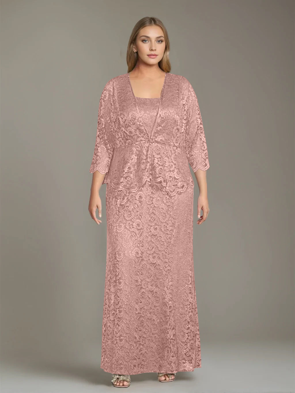 Sheath/Column Square Neck 3/4 Length Sleeves Floor-Length 2 Pieces Plus Size Mother of the Bride Dresses with Jacket - 이미지 37