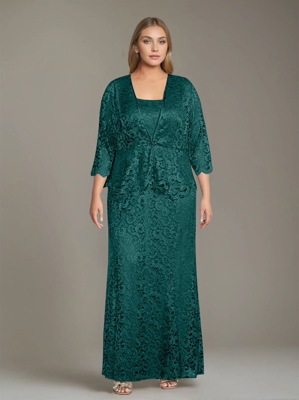 Sheath/Column Square Neck 3/4 Length Sleeves Floor-Length 2 Pieces Plus Size Mother of the Bride Dresses with Jacket - 이미지 38