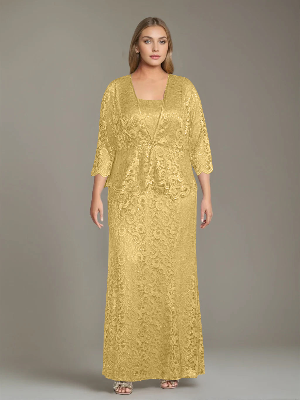Sheath/Column Square Neck 3/4 Length Sleeves Floor-Length 2 Pieces Plus Size Mother of the Bride Dresses with Jacket - 이미지 40