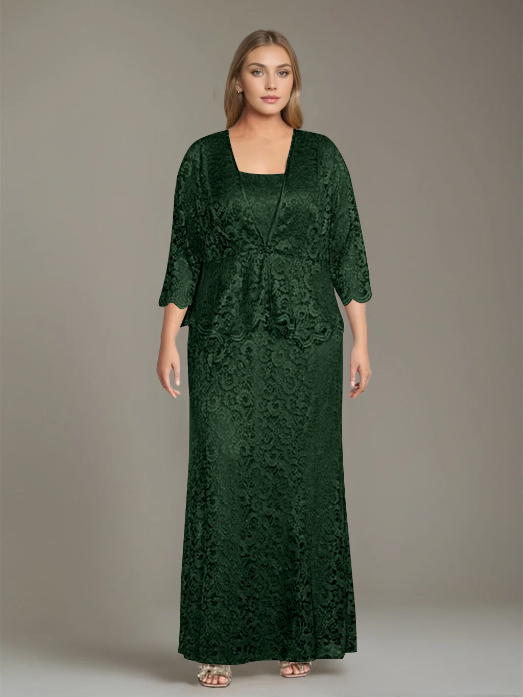 Sheath/Column Square Neck 3/4 Length Sleeves Floor-Length 2 Pieces Plus Size Mother of the Bride Dresses with Jacket - 이미지 11