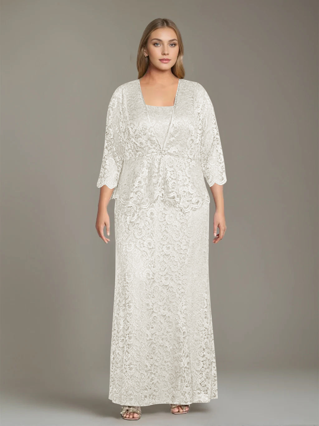 Sheath/Column Square Neck 3/4 Length Sleeves Floor-Length 2 Pieces Plus Size Mother of the Bride Dresses with Jacket - 이미지 12