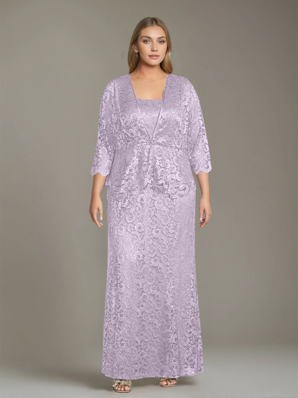 Sheath/Column Square Neck 3/4 Length Sleeves Floor-Length 2 Pieces Plus Size Mother of the Bride Dresses with Jacket - 이미지 14