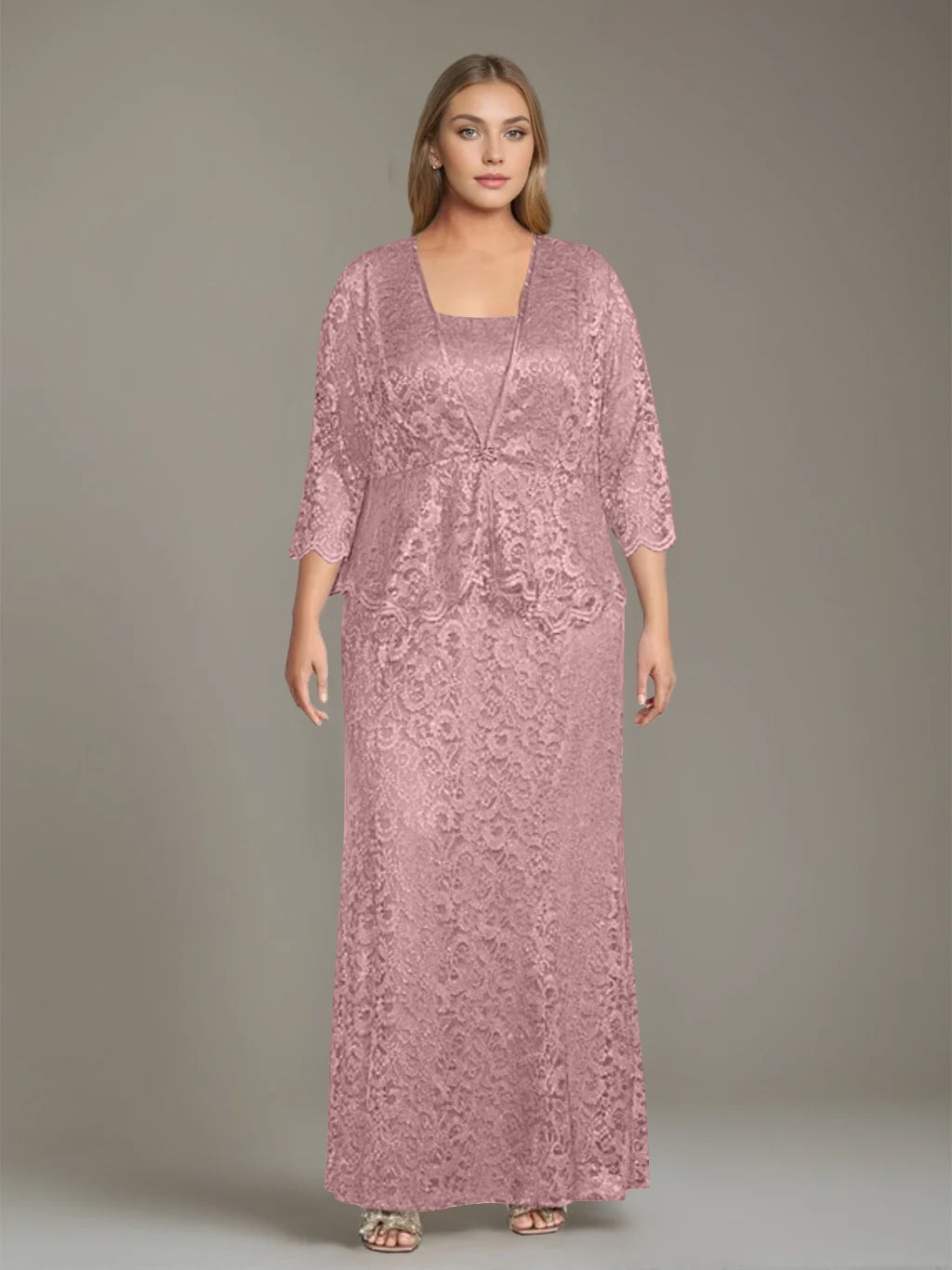 Sheath/Column Square Neck 3/4 Length Sleeves Floor-Length 2 Pieces Plus Size Mother of the Bride Dresses with Jacket - 이미지 15