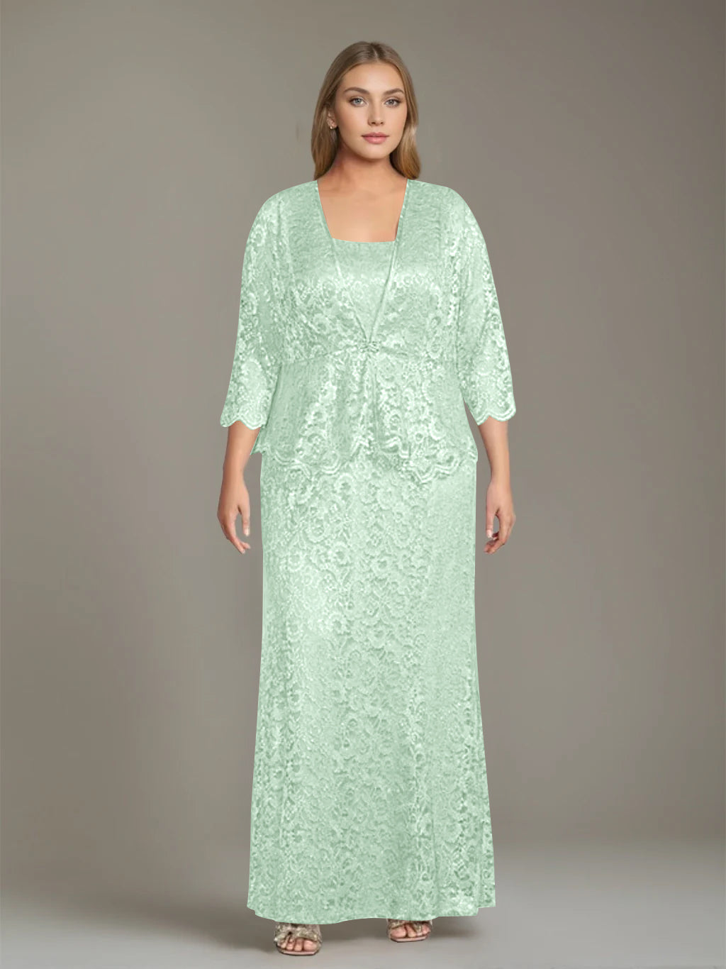 Sheath/Column Square Neck 3/4 Length Sleeves Floor-Length 2 Pieces Plus Size Mother of the Bride Dresses with Jacket - 이미지 44