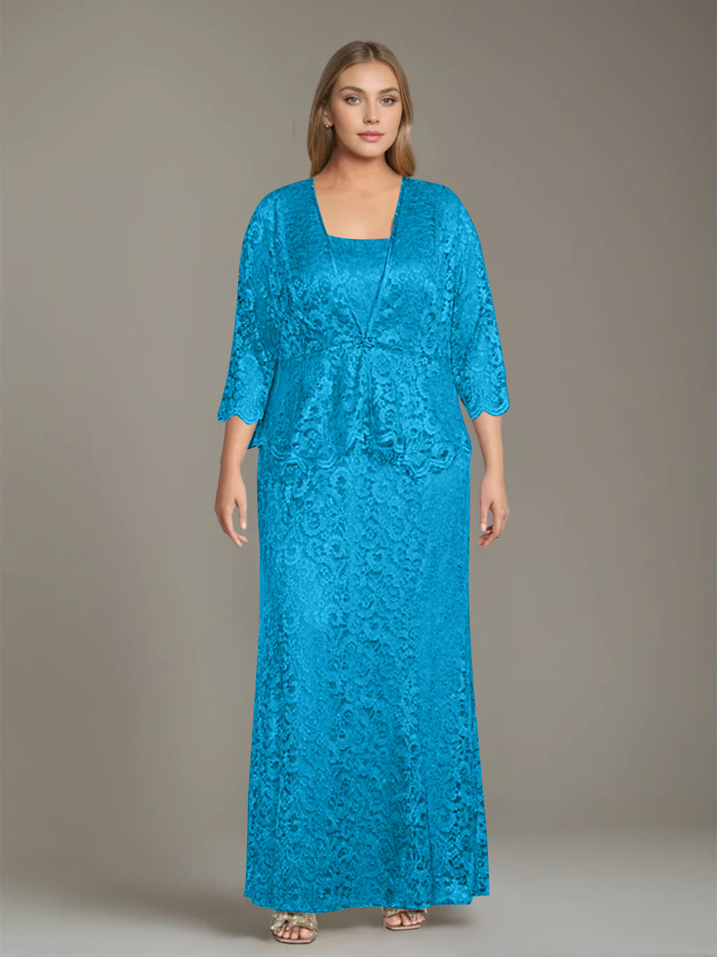 Sheath/Column Square Neck 3/4 Length Sleeves Floor-Length 2 Pieces Plus Size Mother of the Bride Dresses with Jacket - 이미지 58