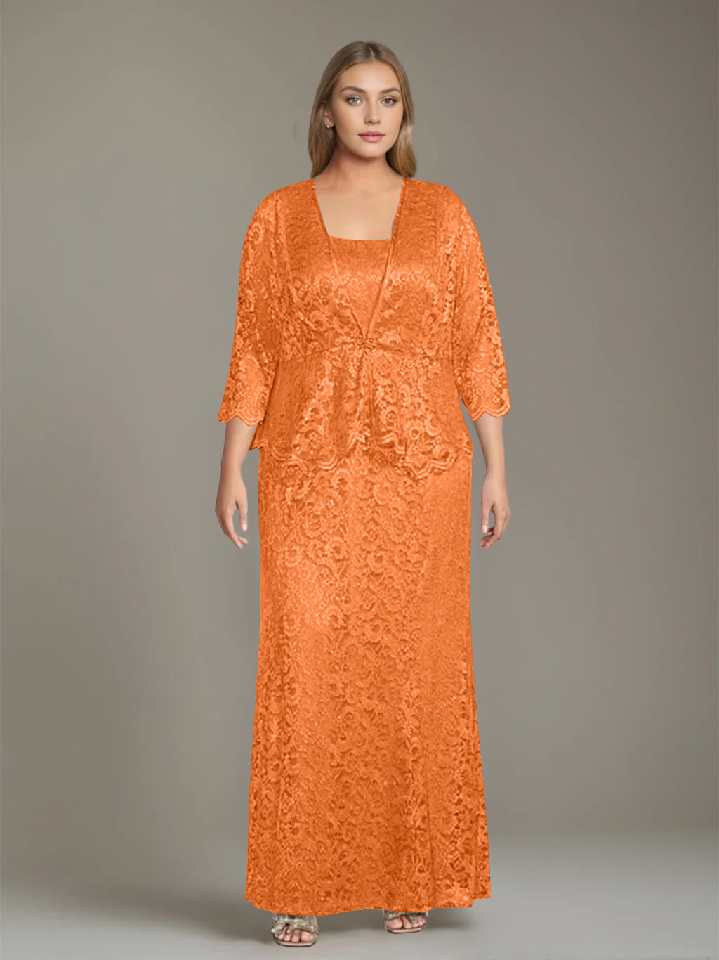 Sheath/Column Square Neck 3/4 Length Sleeves Floor-Length 2 Pieces Plus Size Mother of the Bride Dresses with Jacket - 이미지 45