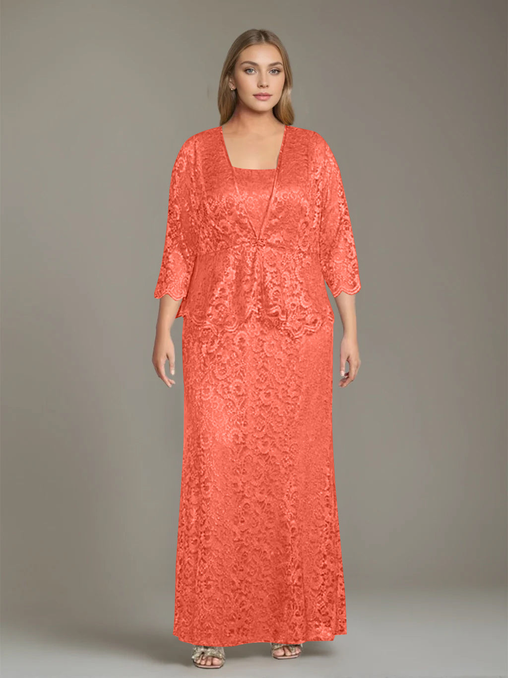 Sheath/Column Square Neck 3/4 Length Sleeves Floor-Length 2 Pieces Plus Size Mother of the Bride Dresses with Jacket - 이미지 47
