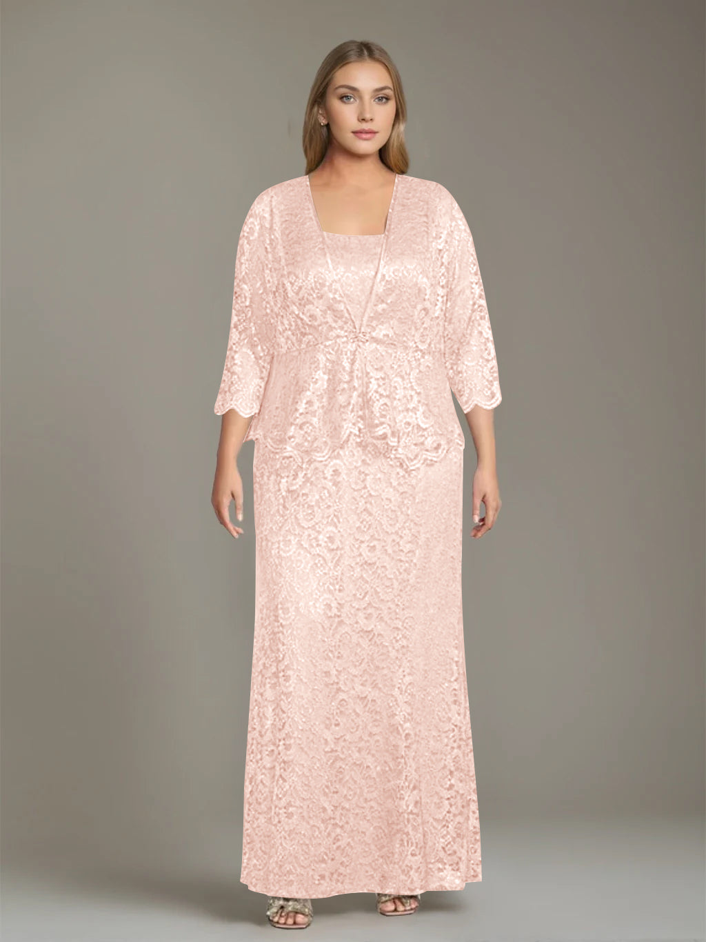 Sheath/Column Square Neck 3/4 Length Sleeves Floor-Length 2 Pieces Plus Size Mother of the Bride Dresses with Jacket - 이미지 49