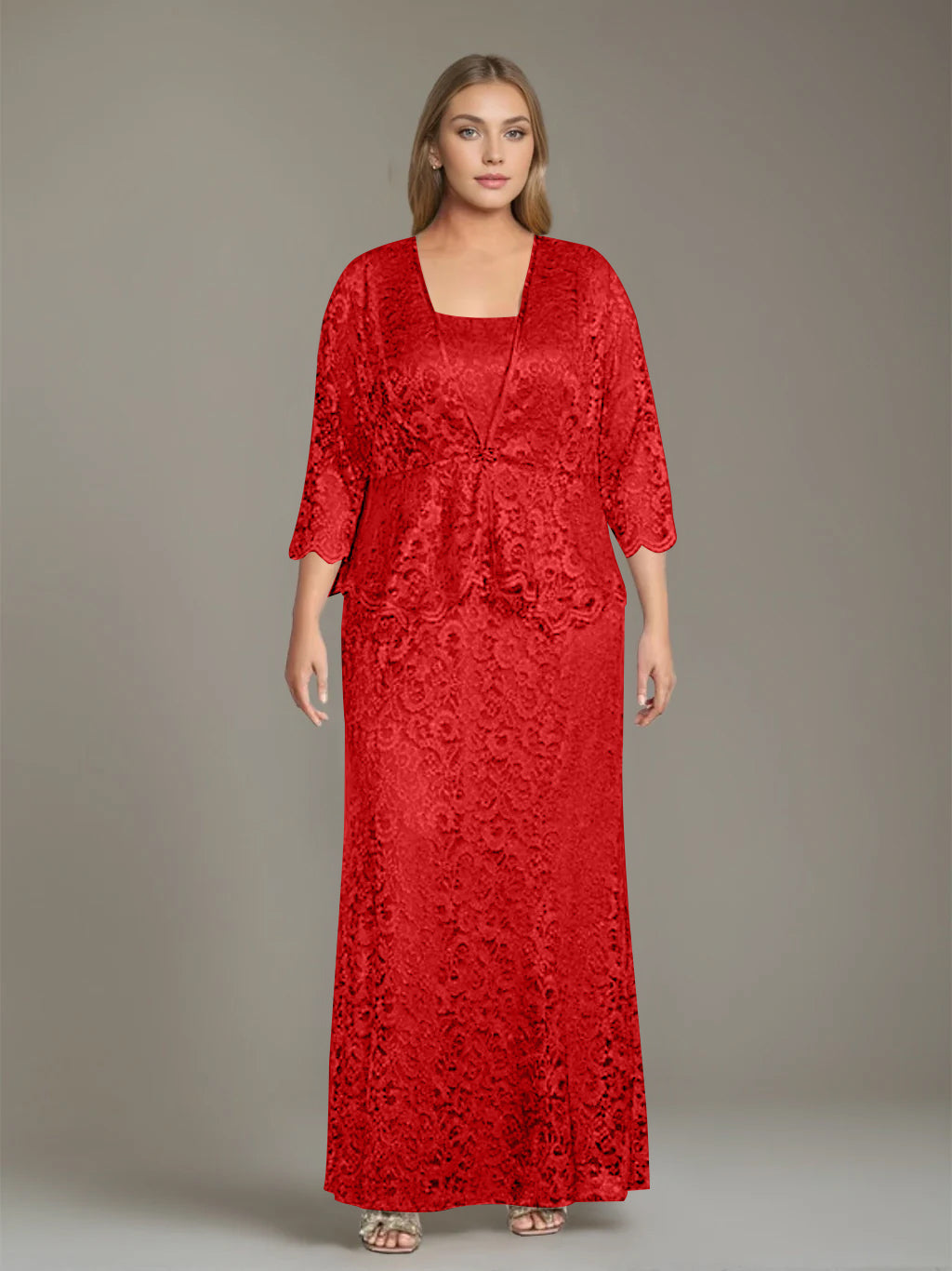 Sheath/Column Square Neck 3/4 Length Sleeves Floor-Length 2 Pieces Plus Size Mother of the Bride Dresses with Jacket - 이미지 52