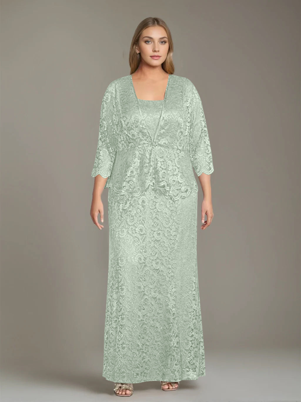 Sheath/Column Square Neck 3/4 Length Sleeves Floor-Length 2 Pieces Plus Size Mother of the Bride Dresses with Jacket - 이미지 19