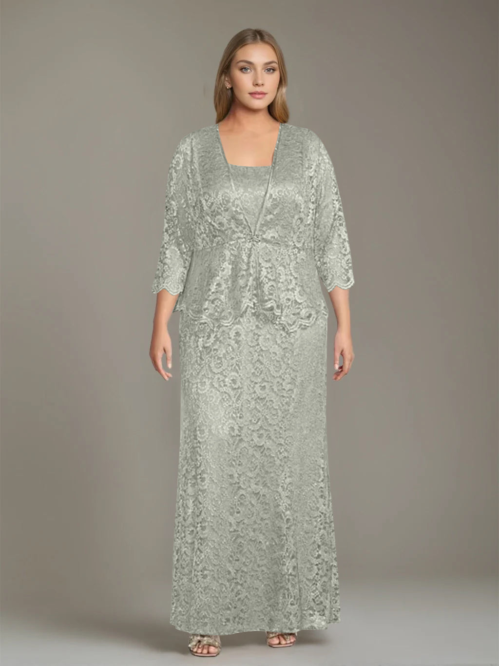 Sheath/Column Square Neck 3/4 Length Sleeves Floor-Length 2 Pieces Plus Size Mother of the Bride Dresses with Jacket - 이미지 20