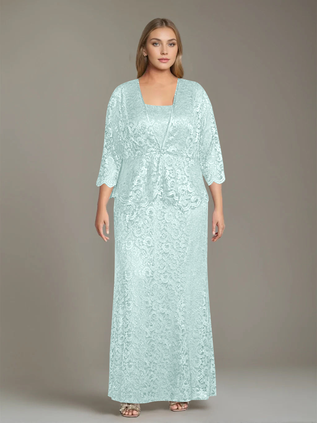 Sheath/Column Square Neck 3/4 Length Sleeves Floor-Length 2 Pieces Plus Size Mother of the Bride Dresses with Jacket - 이미지 54