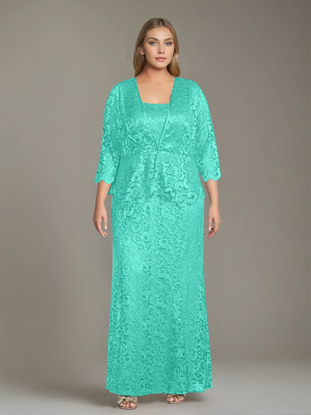 Sheath/Column Square Neck 3/4 Length Sleeves Floor-Length 2 Pieces Plus Size Mother of the Bride Dresses with Jacket - 이미지 21