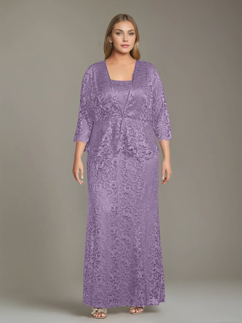 Sheath/Column Square Neck 3/4 Length Sleeves Floor-Length 2 Pieces Plus Size Mother of the Bride Dresses with Jacket - 이미지 23