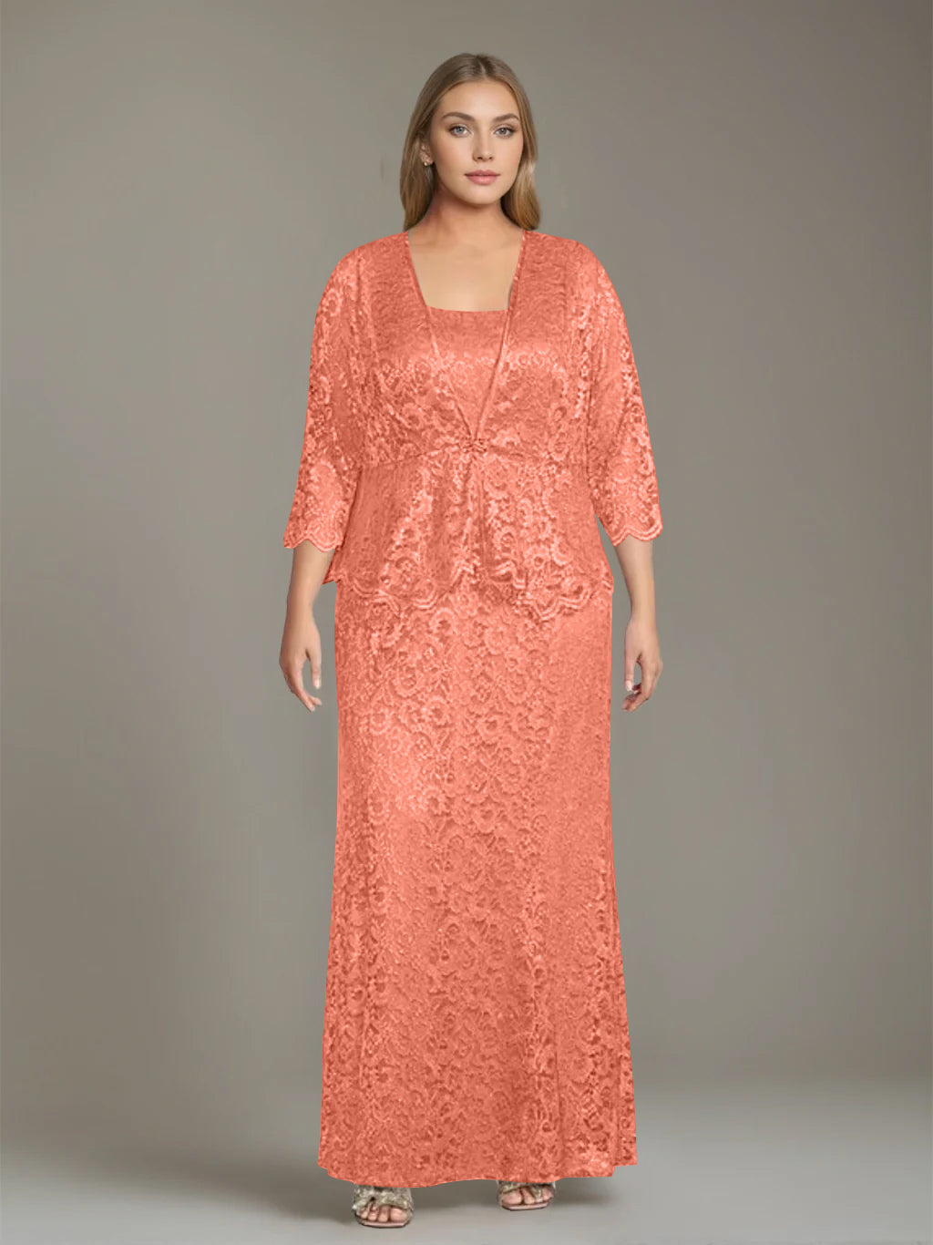 Sheath/Column Square Neck 3/4 Length Sleeves Floor-Length 2 Pieces Plus Size Mother of the Bride Dresses with Jacket - 이미지 55