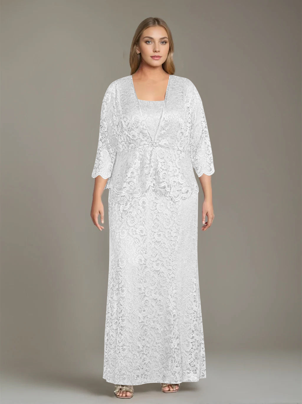 Sheath/Column Square Neck 3/4 Length Sleeves Floor-Length 2 Pieces Plus Size Mother of the Bride Dresses with Jacket - 이미지 25