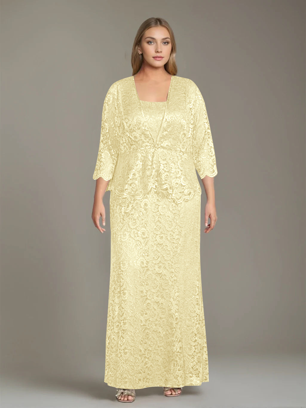 Sheath/Column Square Neck 3/4 Length Sleeves Floor-Length 2 Pieces Plus Size Mother of the Bride Dresses with Jacket - 이미지 57