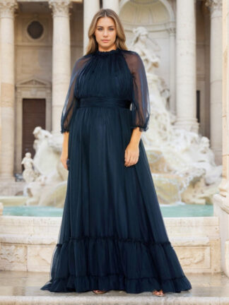A-Line/Princess Halter 3/4 Length Sleeves Floor-Length Plus Size Mother of the Bride Dresses with Ruffles