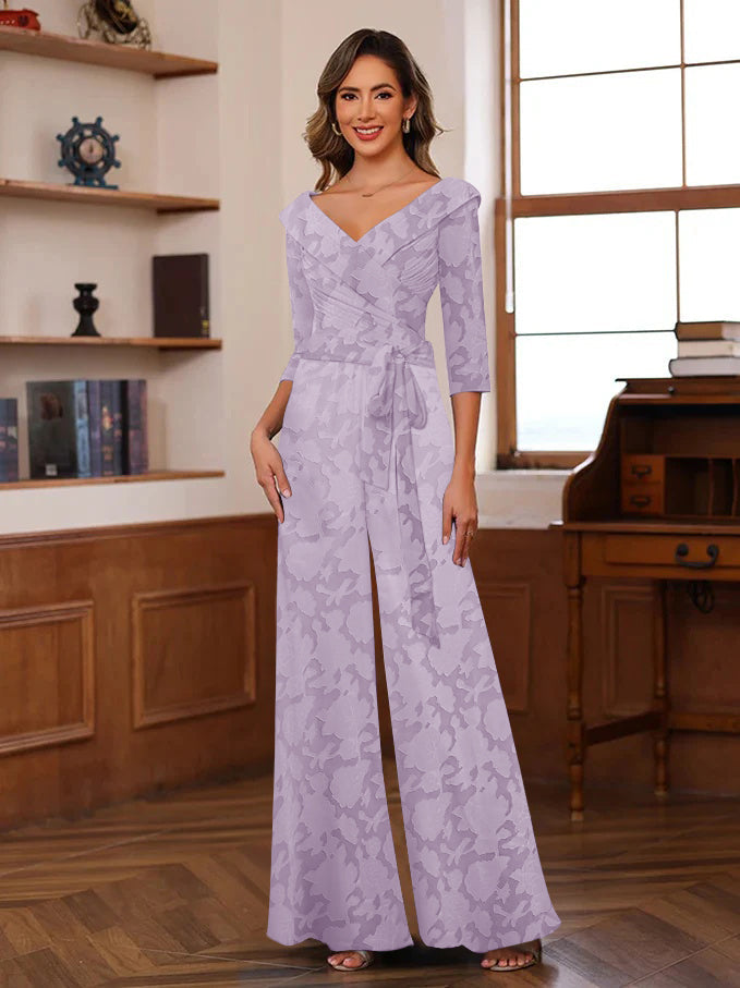 Ruched Rose Lace Applique V-Neck 3/4 Sleeves Mother of the Jumpsuit
