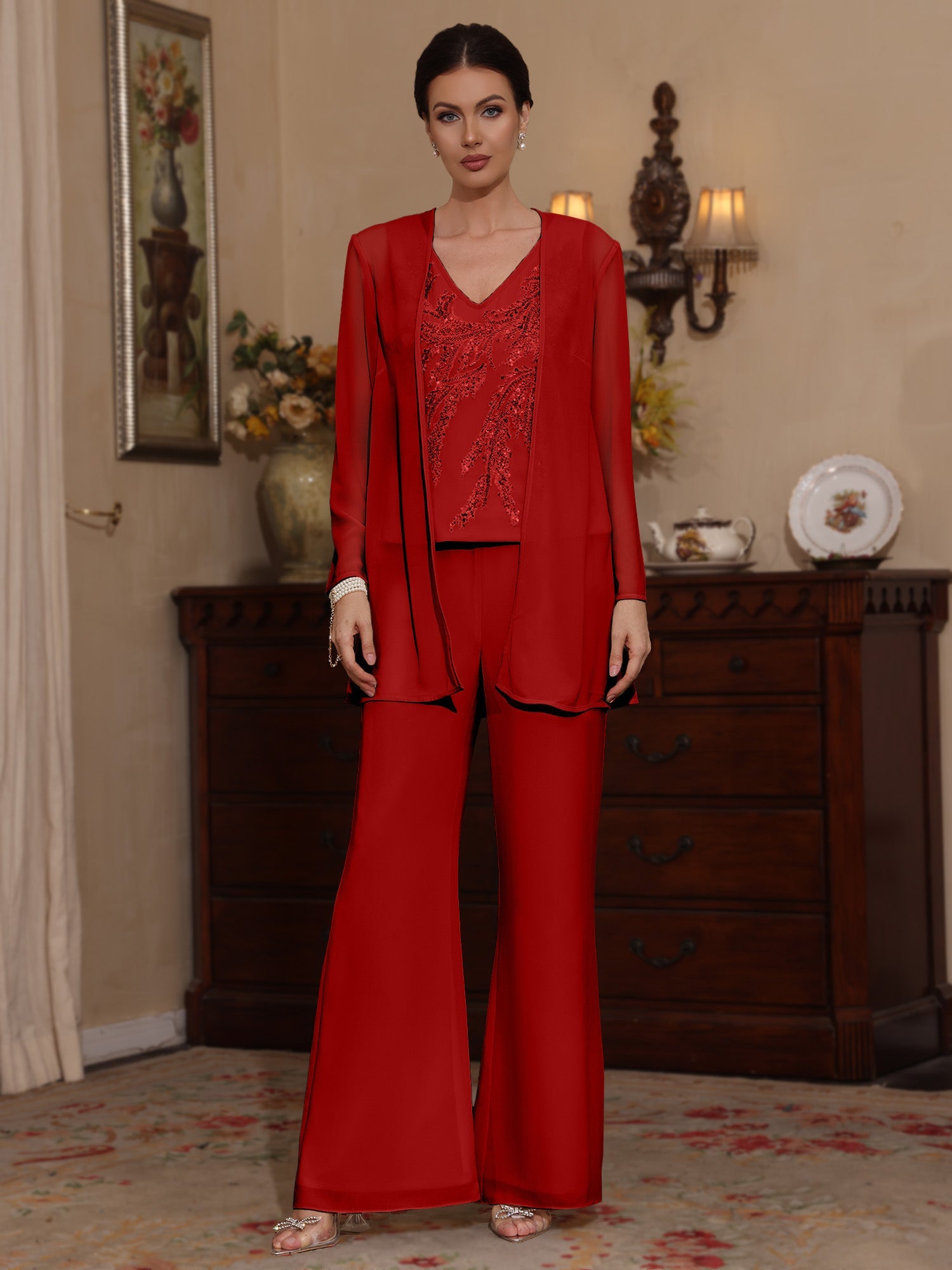 3 Pieces V-Neck Chiffon Mother of the Bride Pantsuits with Jacket Sequins Ankle-Length Long Sleeves - 画像 (6)