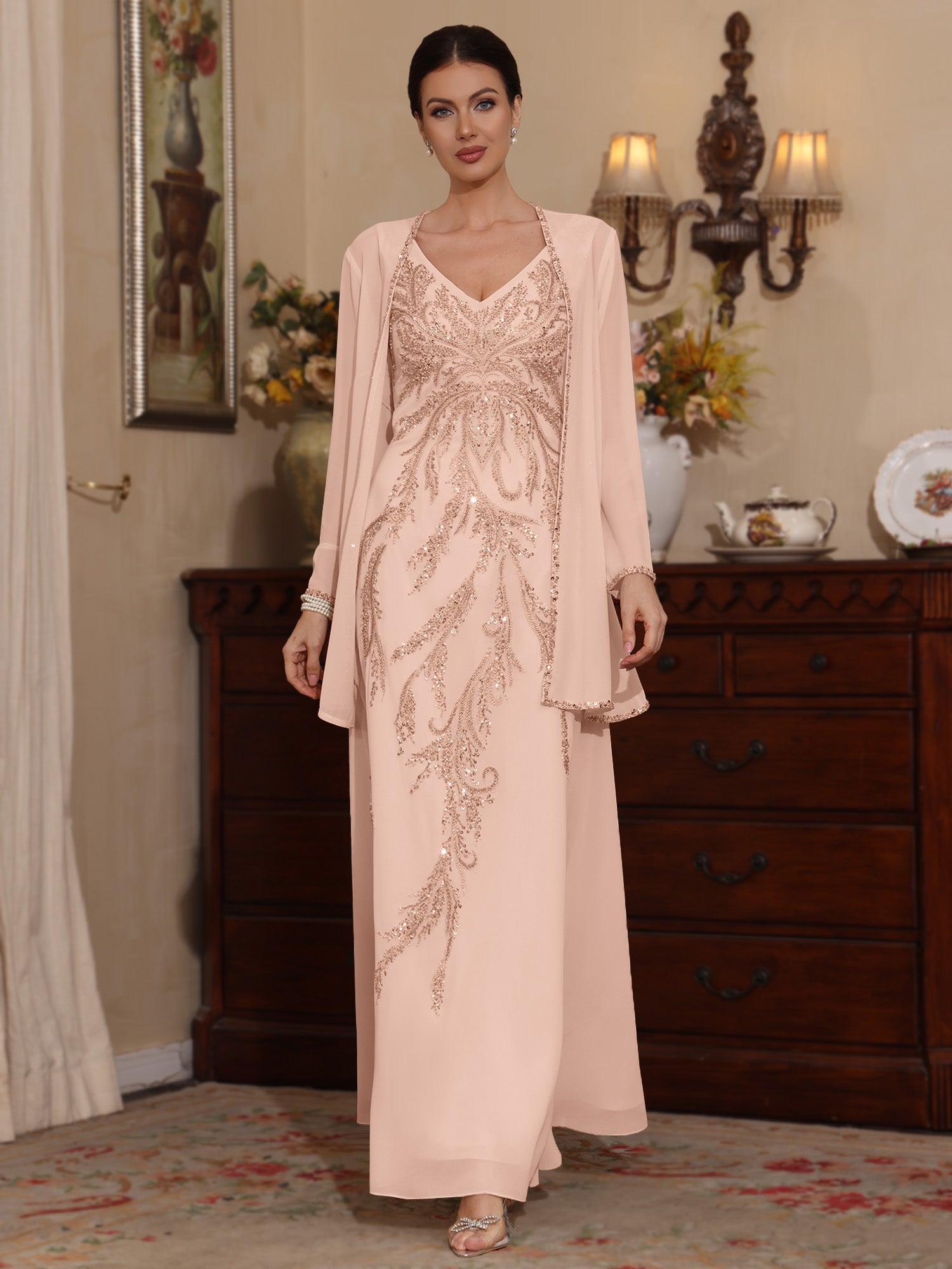 2 Pieces A-Line/Princess V-Neck Chiffon Mother of the Bride Dresses with Jacket Sequins Ankle-Length Long Sleeves - Image 5