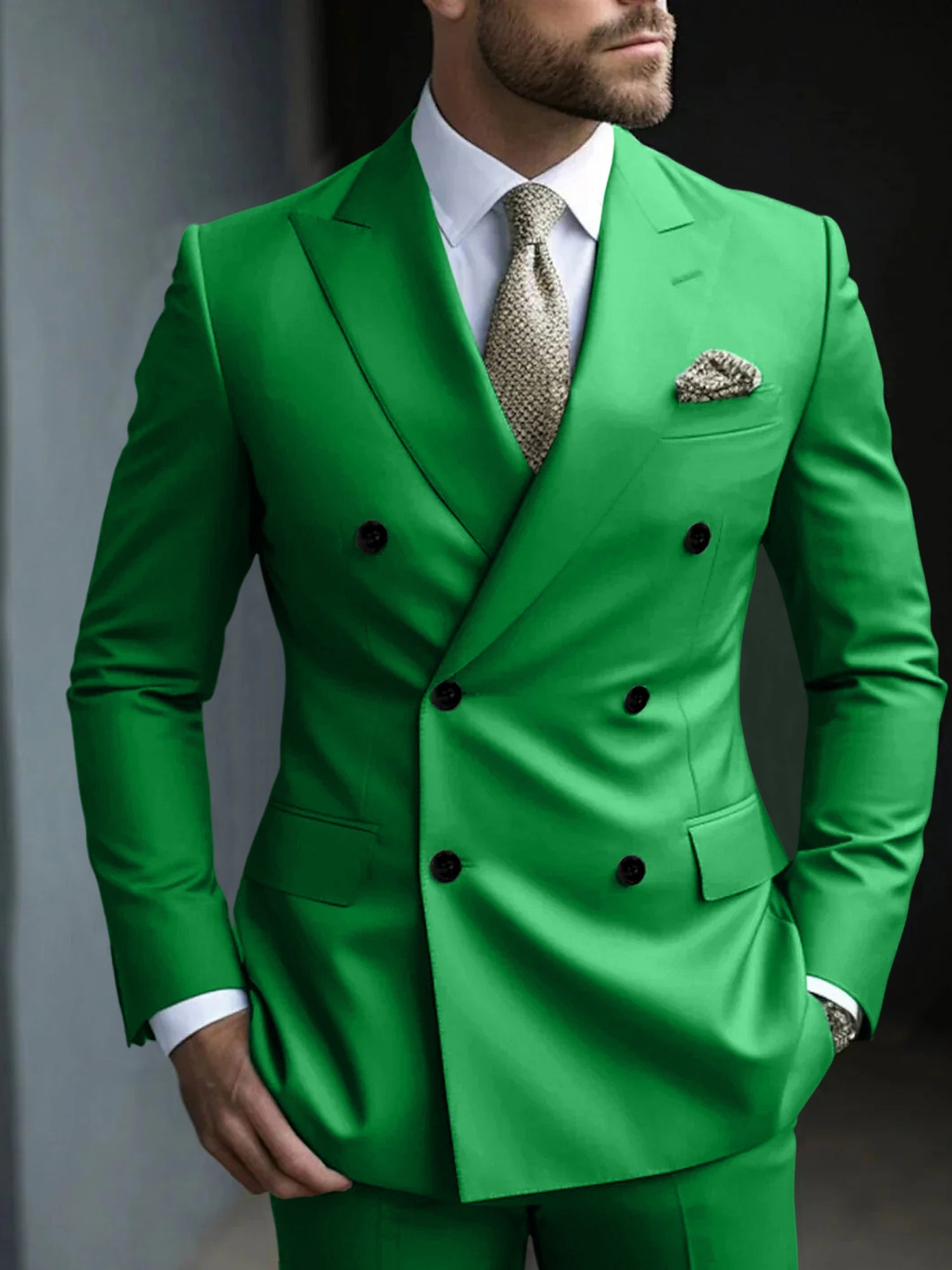 Green Men's Tailored Fit 2 Pieces Solid Colored Double Breasted Six-buttons Party Suits - 이미지 8