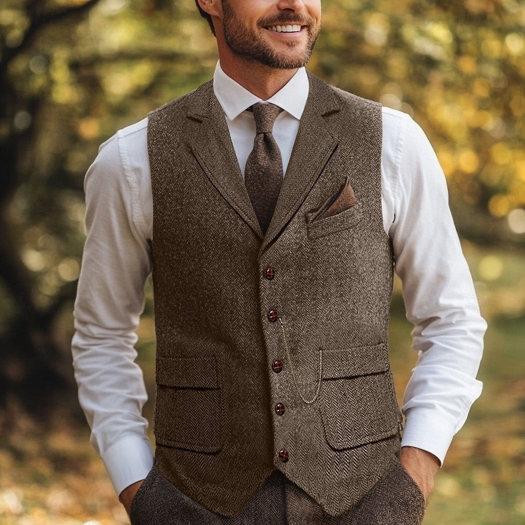 Men's Herringbone Standard Fit Notch Single Breasted Five-buttons Tweed Vest - 이미지 4