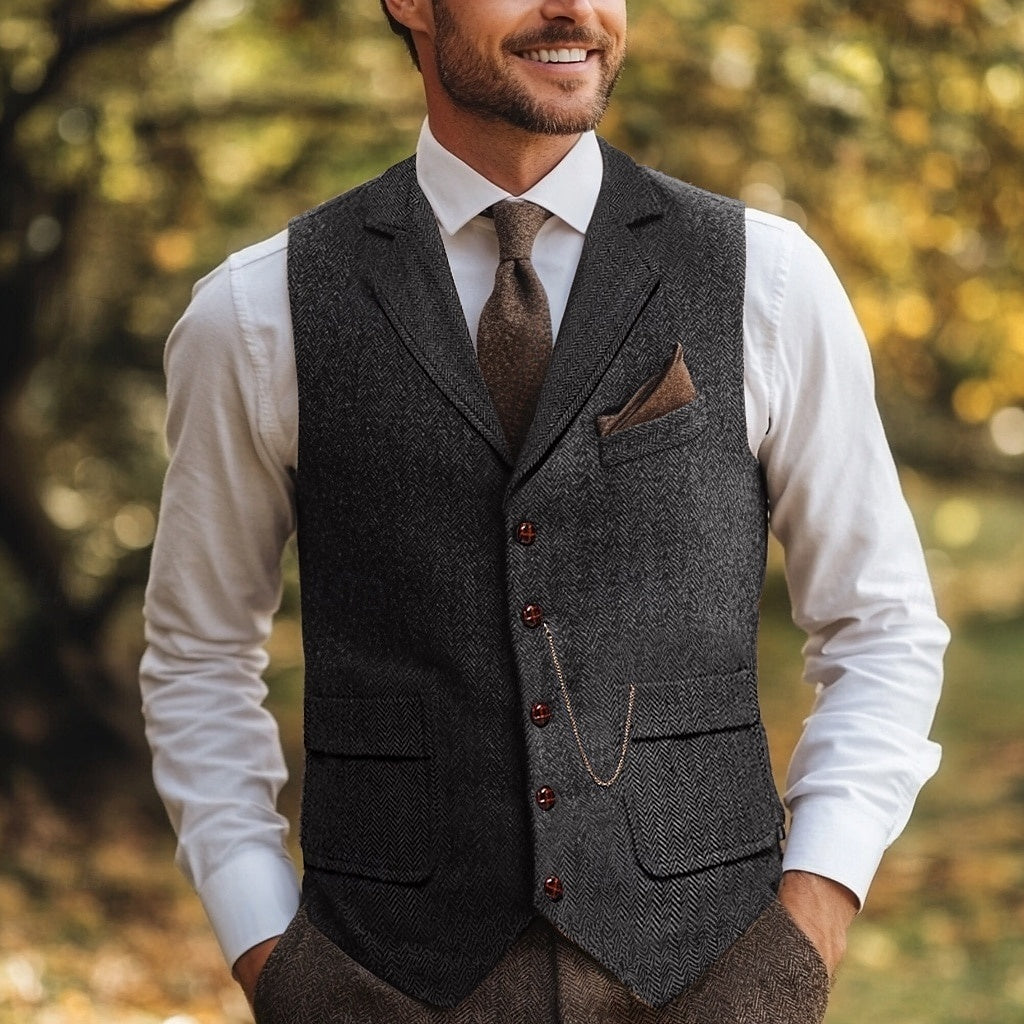Men's Herringbone Standard Fit Notch Single Breasted Five-buttons Tweed Vest - 이미지 2