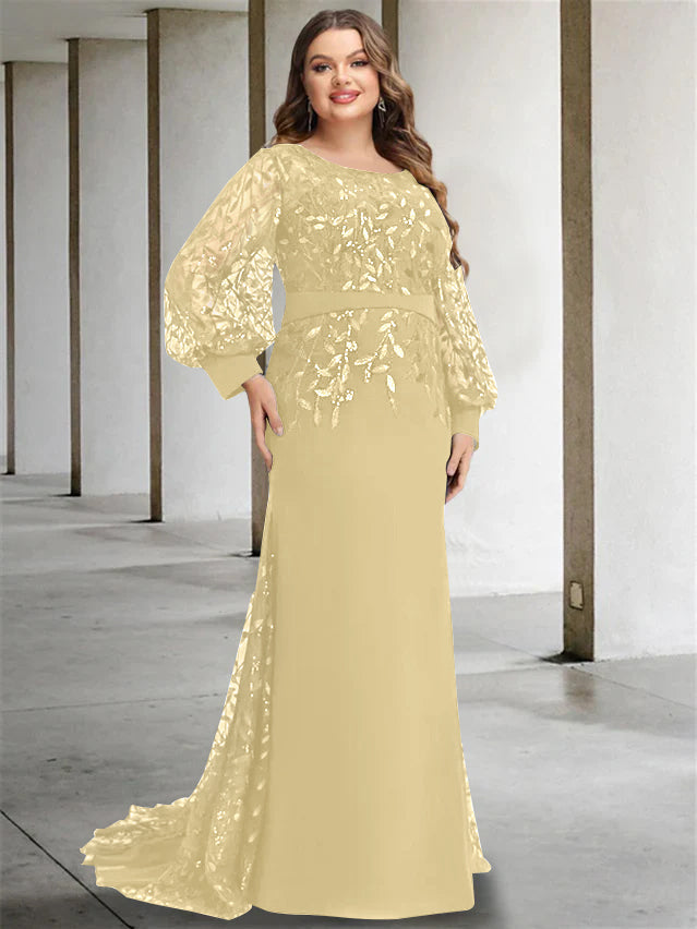 Mermaid/Trumpet Scoop Neck Long Sleeves Floor-Length Plus Size Mother of the Bride Dresses with Sequins - 画像 (9)