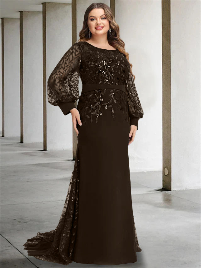 Mermaid/Trumpet Scoop Neck Long Sleeves Floor-Length Plus Size Mother of the Bride Dresses with Sequins - 画像 (11)