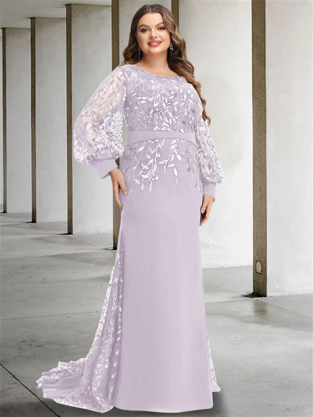 Mermaid/Trumpet Scoop Neck Long Sleeves Floor-Length Plus Size Mother of the Bride Dresses with Sequins - 画像 (29)