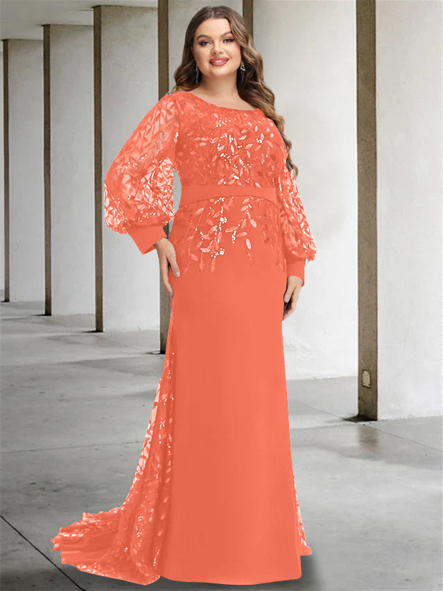 Mermaid/Trumpet Scoop Neck Long Sleeves Floor-Length Plus Size Mother of the Bride Dresses with Sequins - 画像 (36)
