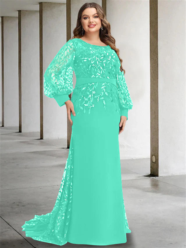 Mermaid/Trumpet Scoop Neck Long Sleeves Floor-Length Plus Size Mother of the Bride Dresses with Sequins - 画像 (47)