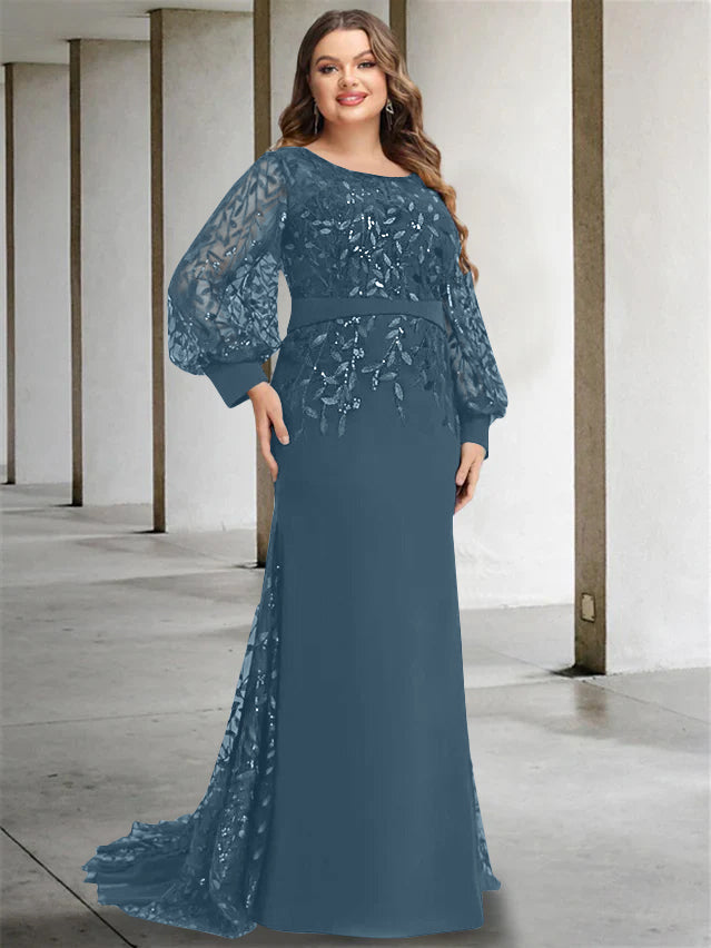 Mermaid/Trumpet Scoop Neck Long Sleeves Floor-Length Plus Size Mother of the Bride Dresses with Sequins - 画像 (48)