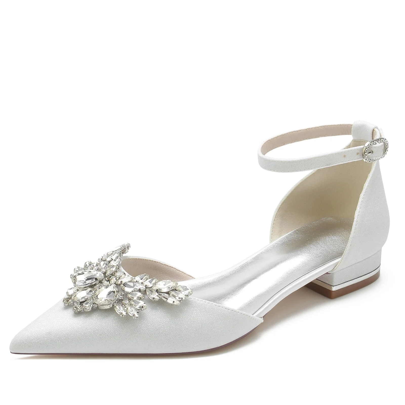Women's Wedding Shoes Glitter Rhinestone Low Pointed Toe Ankle Strap Bridal Shoes - 画像 (5)
