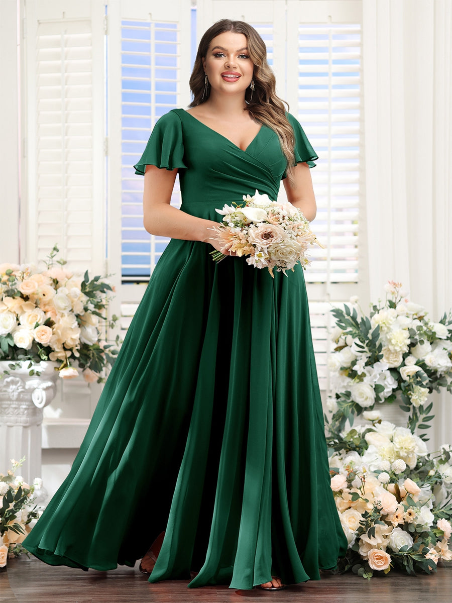A-Line V-Neck Short Sleeves Split Side Ruched Chiffon Plus Size Bridesmaid Dresses - 이미지 19